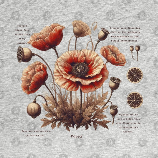 Vintage Poppy Flower Botanical by Nancy 